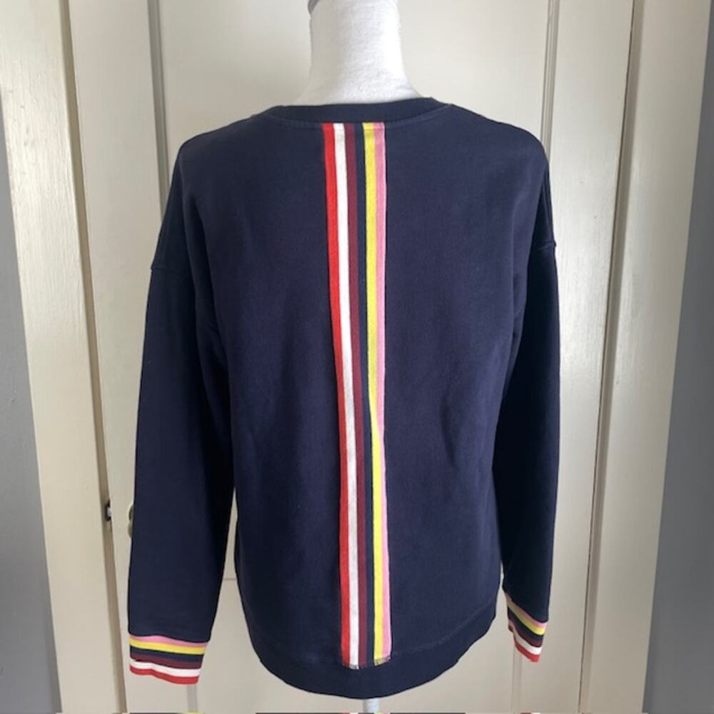 Boden Navy Sweatshirt Rainbow Stripe Cuffs Back Stripe Pullover Medium Preppy